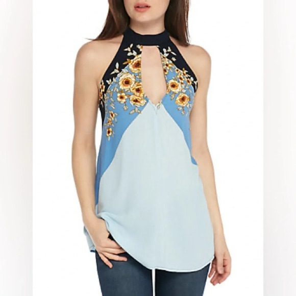 NWT Free People Beat My Heart Blue Floral Tunic Tie Neck Halter Keyhole Size XS - Picture 2 of 7